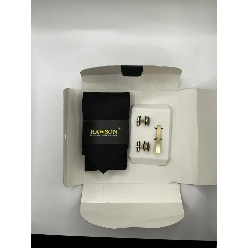 Hawson Black Tie With Gold Cuff Links And Tie Clip Jewelry Wedding Business New‎